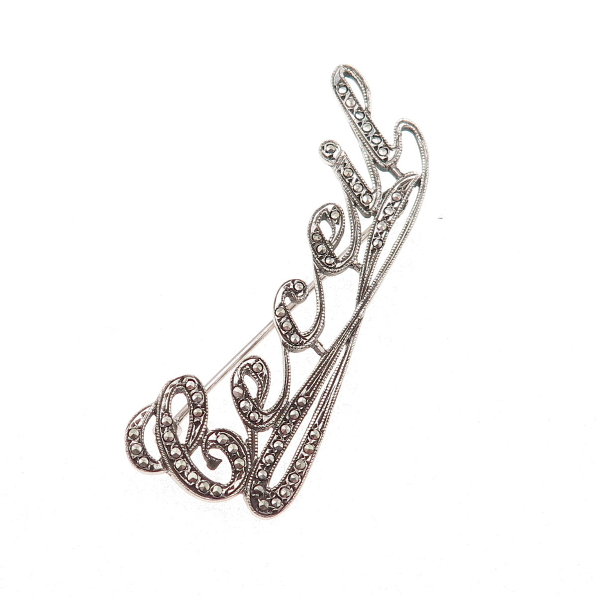 925 Sterling Silver Antique Art Deco Real Marcasite Ceceil Name Pin Brooch