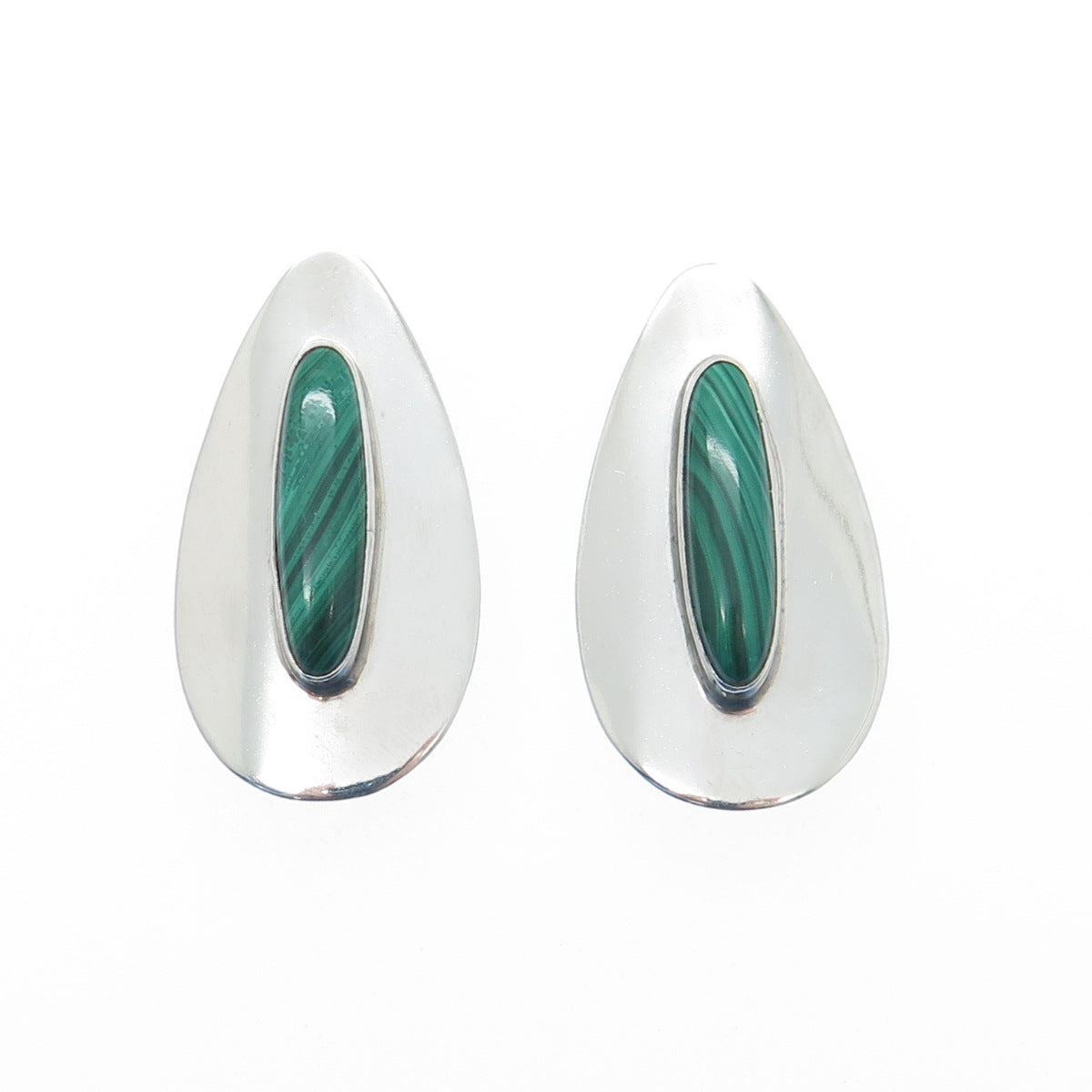 JIMMY PATTERSON NAVAJO Old Pawn 925 Sterling Vintage Malachite Clip On Earrings