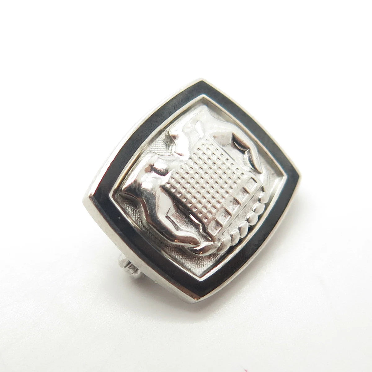 925 Sterling Silver Vintage cTo Black Enamel Protect Buildings Pin Brooch