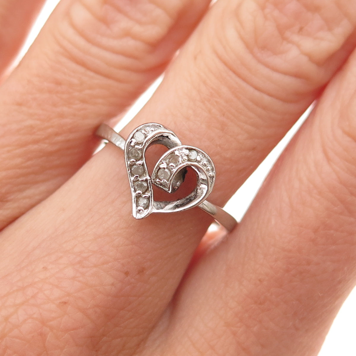 Charles Winston 925 Sterling Silver Real Round-Cut Diamond Heart Ring Size 7