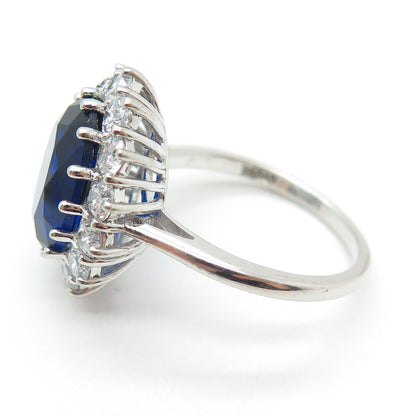 925 Sterling Silver Oval-Cut Blue & Round-Cut White C Z Ring Size 10
