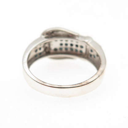 925 Sterling Silver Real Blue & White Diamond Belt Buckle Ring Size 6.25