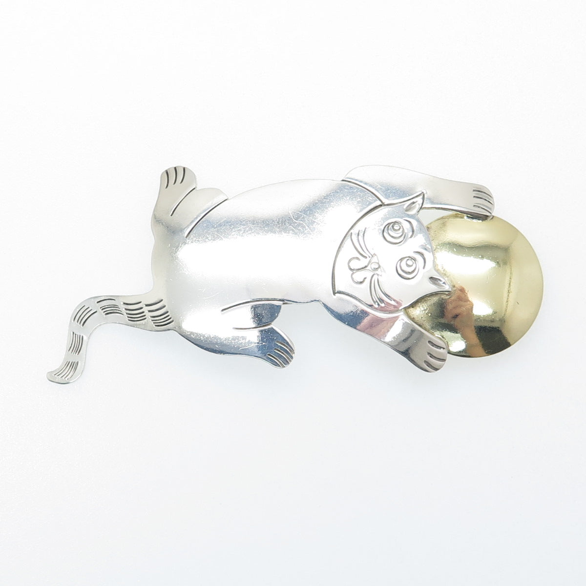 925 Sterling Silver 2-Tone Vintage Mexico Modernist Cat & Ball Pin Brooch
