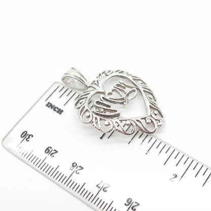 925 Sterling Silver Vintage "Mom" Love Heart Pendant