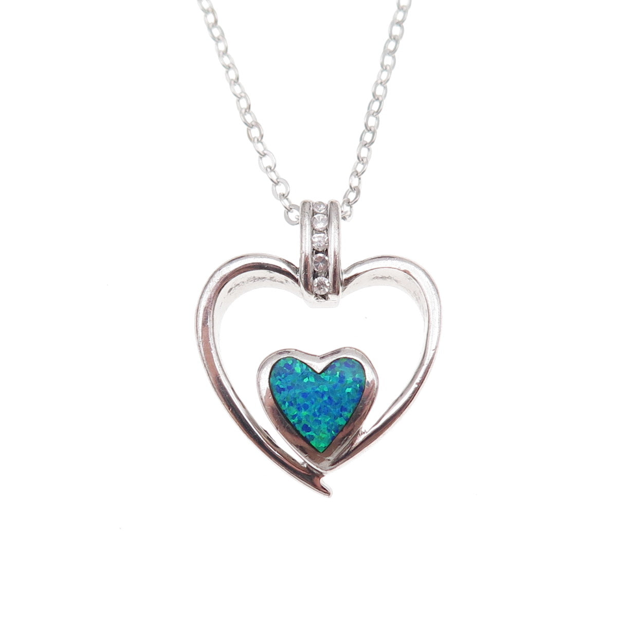 925 Sterling Silver Real Opal & C Z Heart Cable Chain Necklace 18"