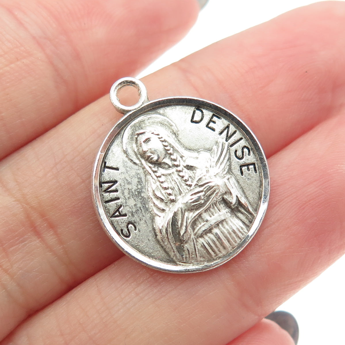 925 Sterling Silver Vintage Saint Denise Religious Round Pendant