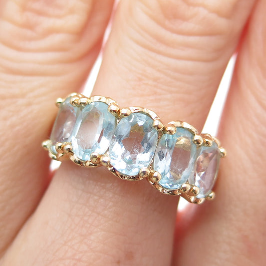 925 Sterling Silver Gold Plated Vintage Real Oval-Cut Blue Topaz Ring Size 8