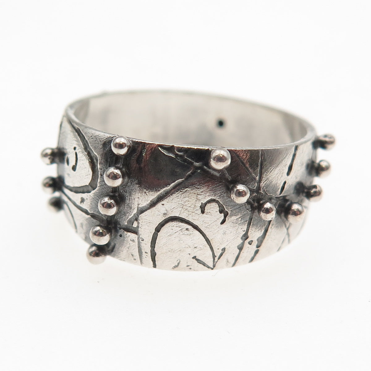 925 Sterling Silver Vintage Modernist Beaded Oxidized Ring Size 8.5
