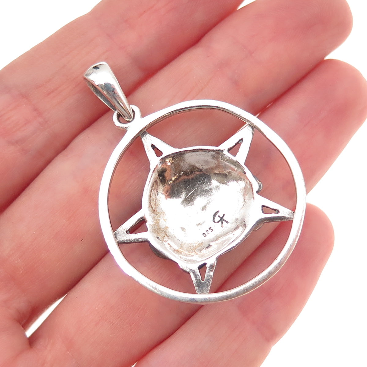 925 Sterling Silver Vintage Pentagram Floral Globe Oxidized Pendant