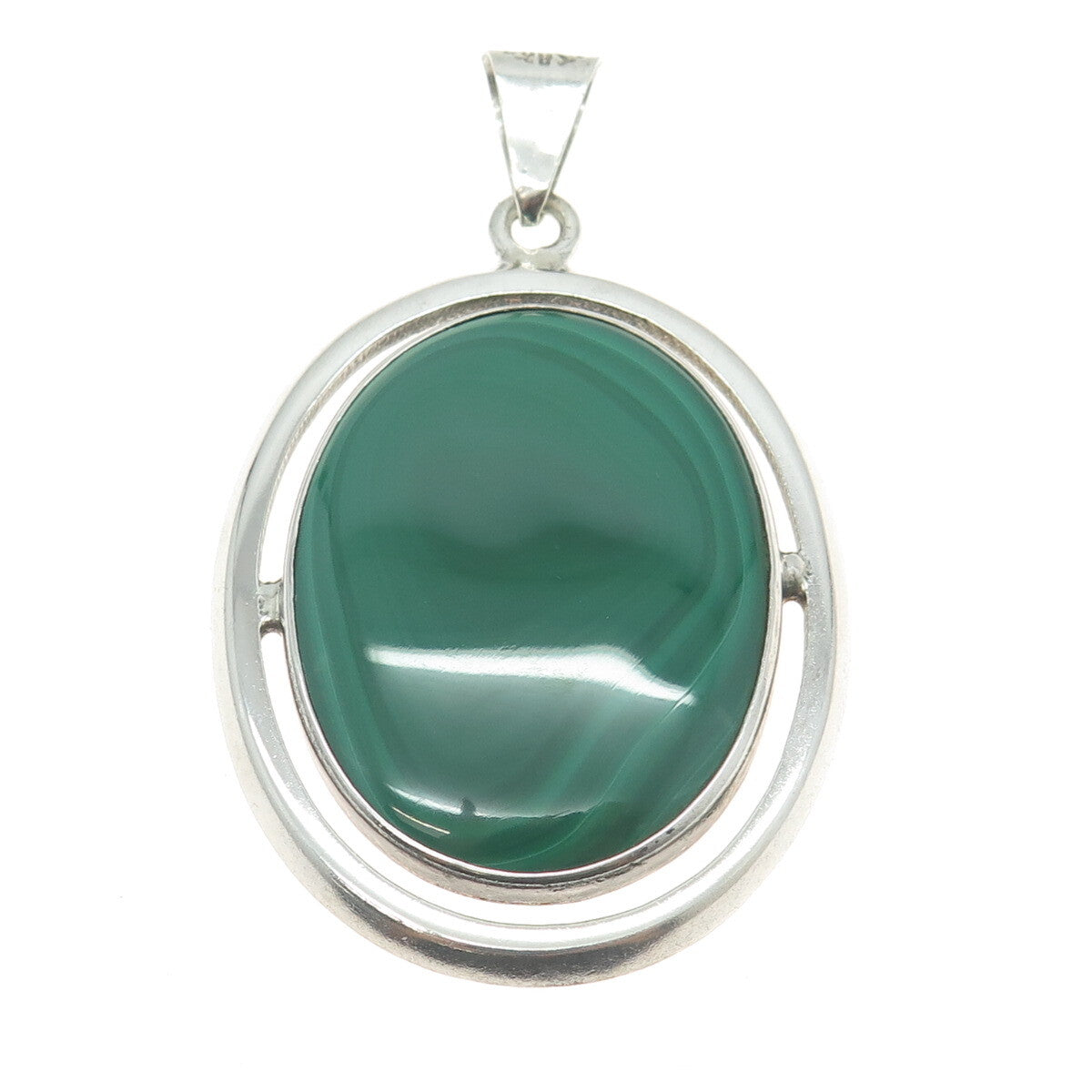 925 Sterling Silver Vintage Mexico Real Malachite Modernist Pendant
