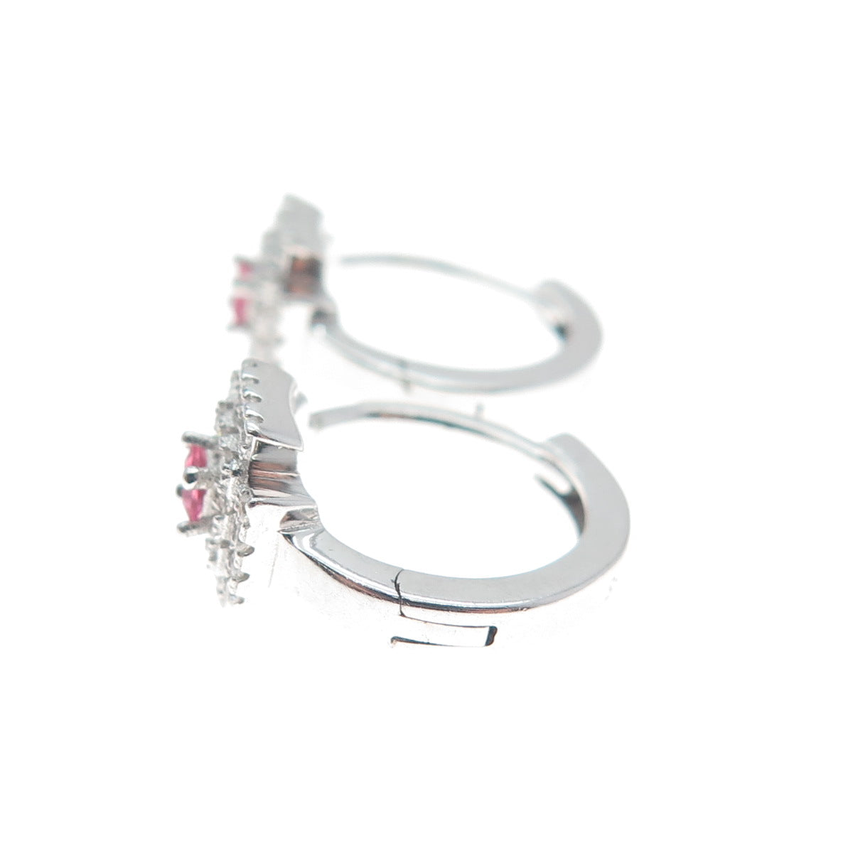 925 Sterling Silver Princess-Cut Pink & Round-Cut White C Z Cross Hoop Earrings