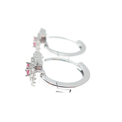 925 Sterling Silver Princess-Cut Pink & Round-Cut White C Z Cross Hoop Earrings
