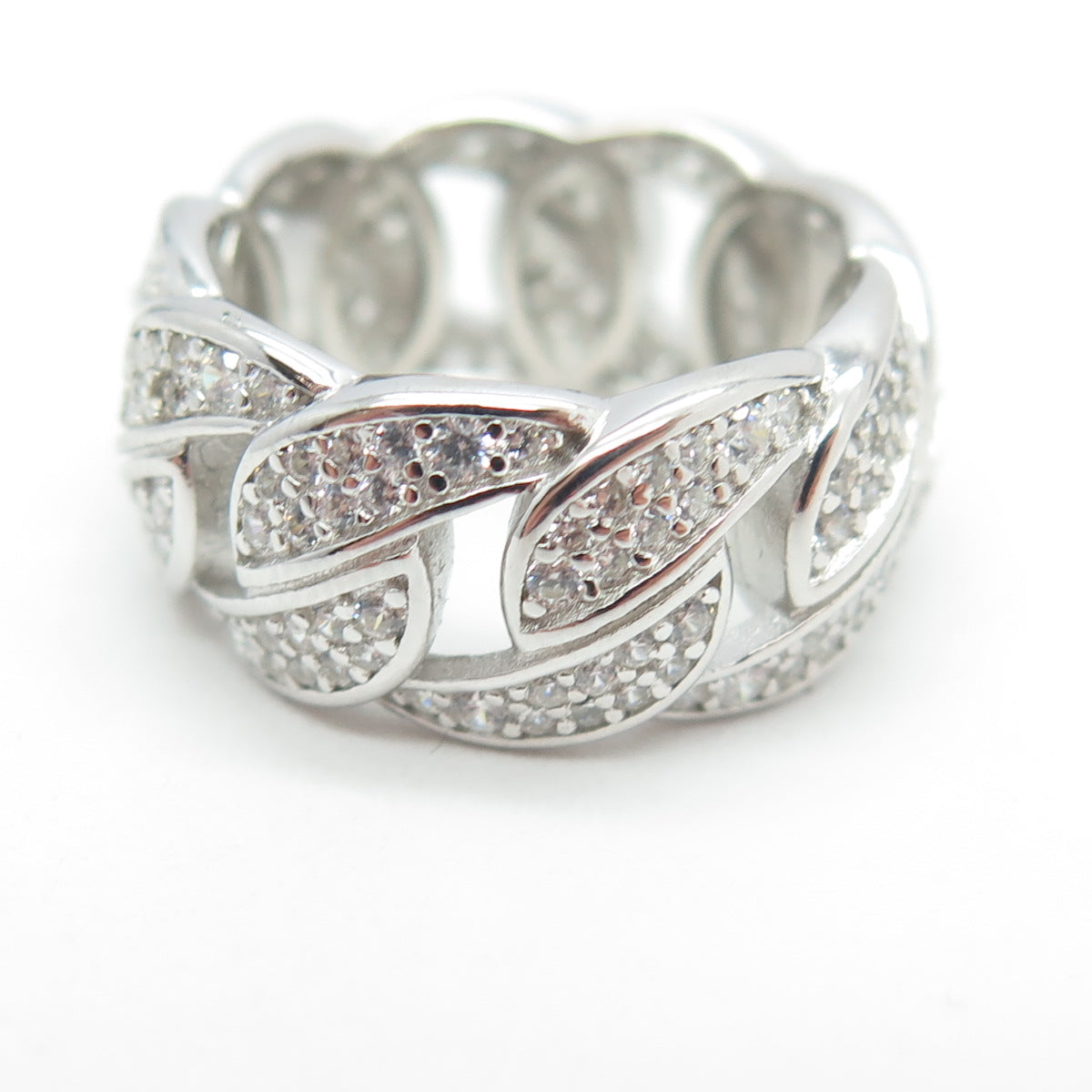 925 Sterling Silver Pave C Z Cuban Chain Band Ring Size 5.5