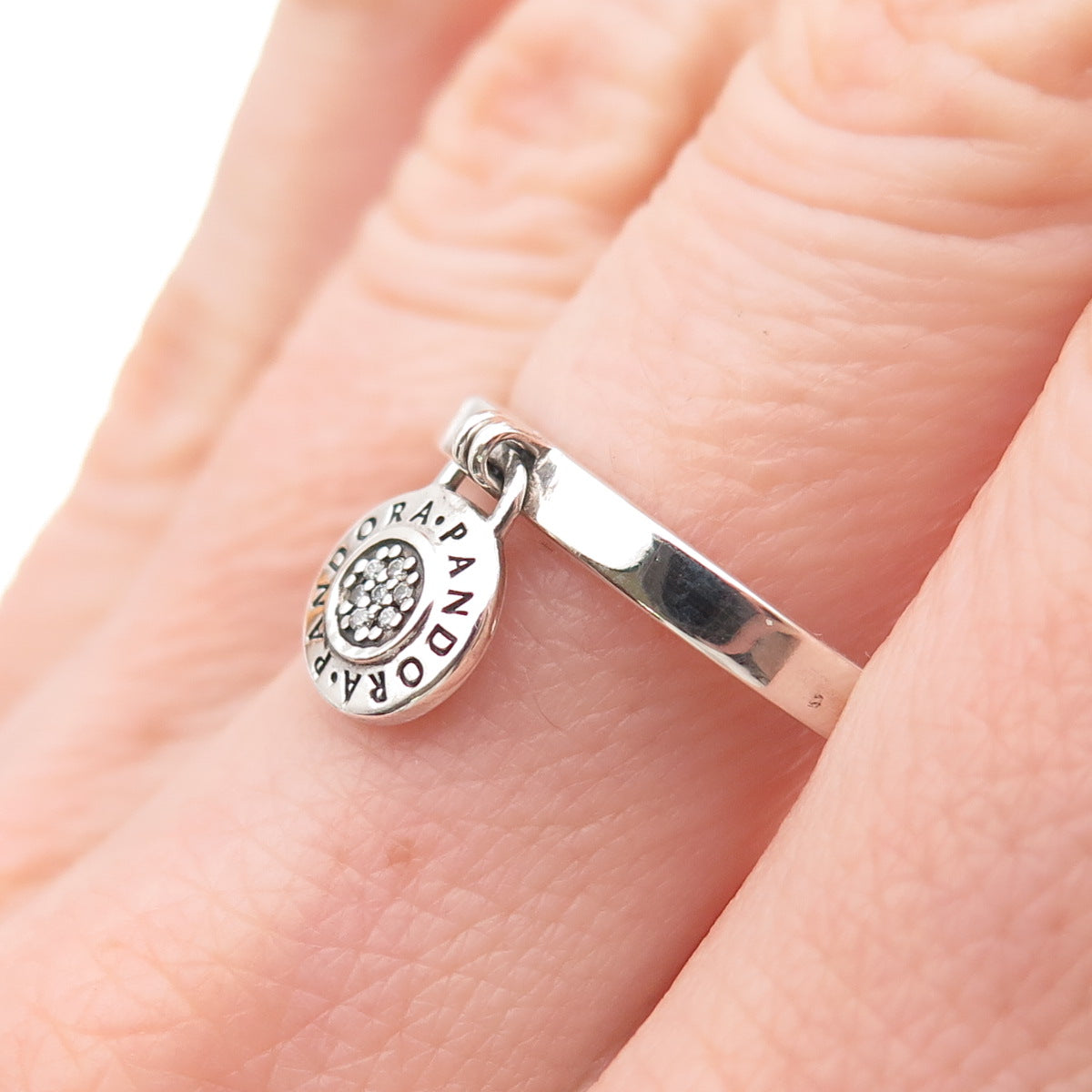 Pandora 925 Sterling Silver C Z Signature Logo Padlock Charm Ring Size 7.75