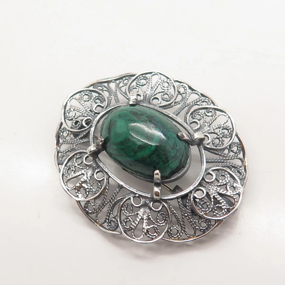 925 Sterling Silver Vintage Real Chrysocolla Gemstone Filigree Brooch / Pendant