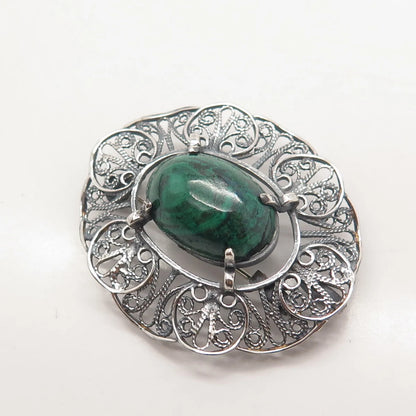 925 Sterling Silver Vintage Real Chrysocolla Gemstone Filigree Brooch / Pendant