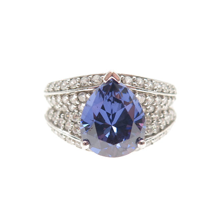 925 Sterling Silver Blue & White C Z Teardrop Ring Size 6
