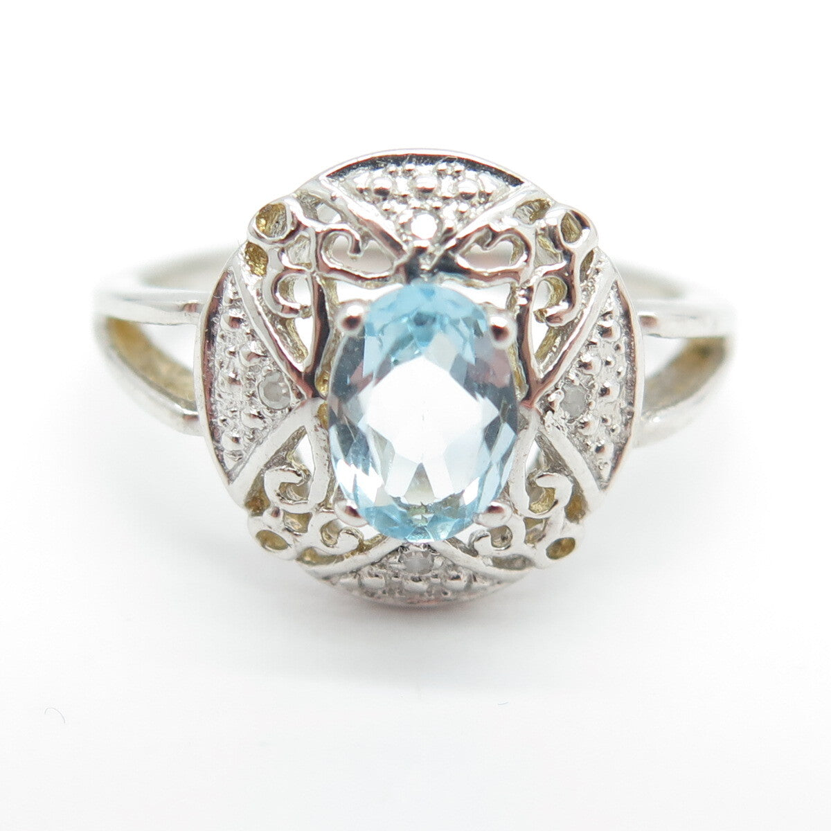 925 Sterling Silver Real Round-Cut Diamond & Blue Topaz "X" Ring Size 7