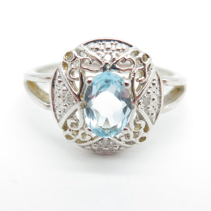 925 Sterling Silver Real Round-Cut Diamond & Blue Topaz "X" Ring Size 7