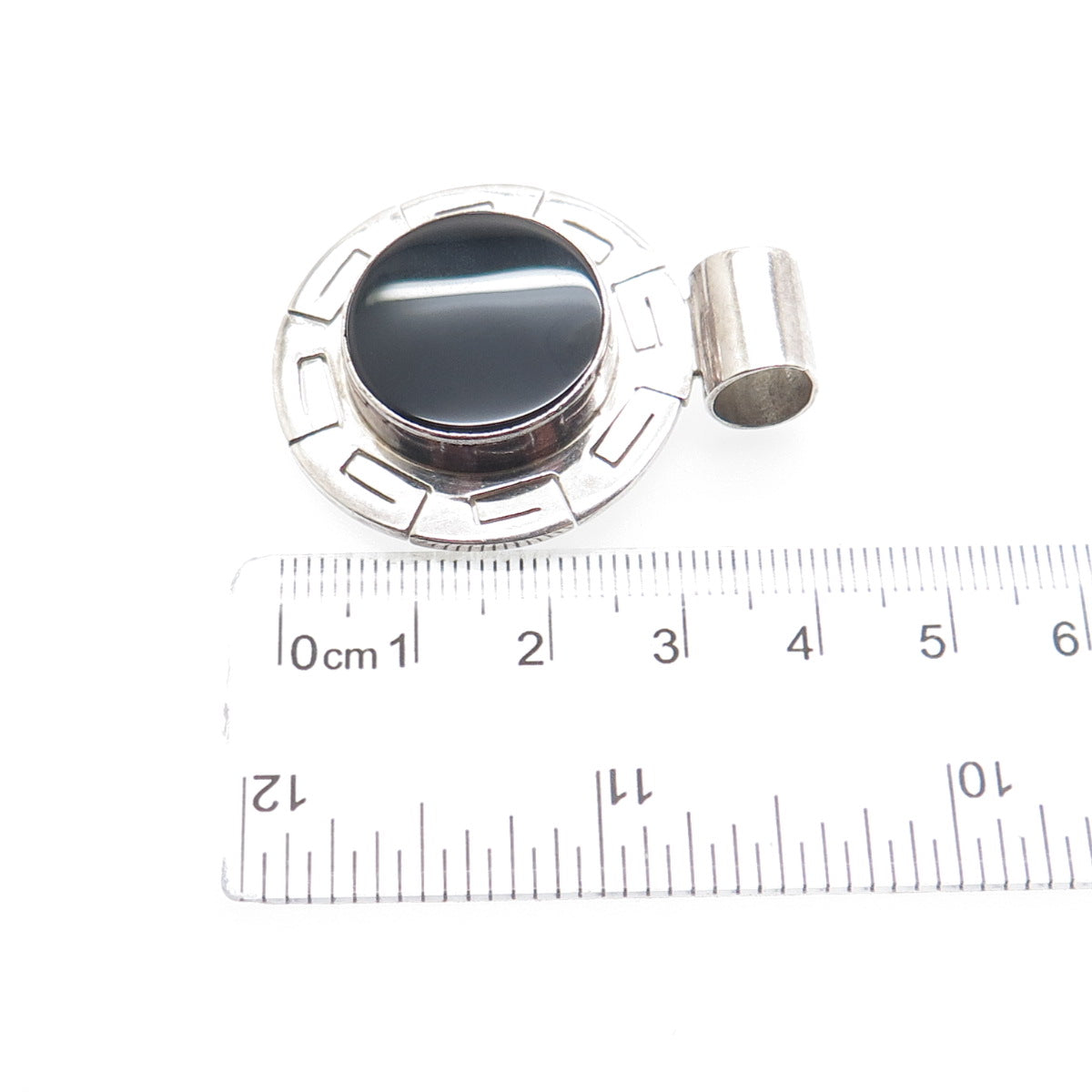 925 Sterling Silver Vintage CII Mexico Real Black Onyx Greek Key Slide Pendant