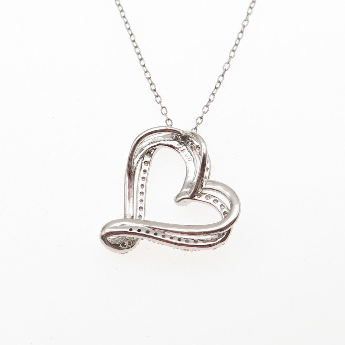 925 Sterling Silver Real Round-Cut Diamond Heart Cable Chain Necklace 18" w/ Box