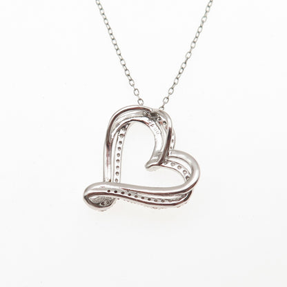 925 Sterling Silver Real Round-Cut Diamond Heart Cable Chain Necklace 18" w/ Box