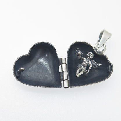 925 Sterling Silver Vintage Cherub Heart Locket Oxidized Pendant