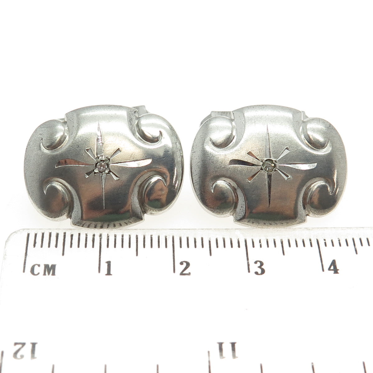 925 Sterling Silver Antique Art Deco Rhinestone Repousse Cufflinks