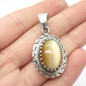 925 Sterling Silver Vintage Real Tiger Eye Gem Handmade Oval Amulet Pendant
