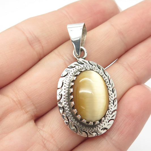 925 Sterling Silver Vintage Real Tiger Eye Gem Handmade Oval Amulet Pendant
