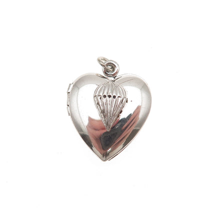 925 Sterling Silver Vintage Parachute Heart Locket Charm Pendant