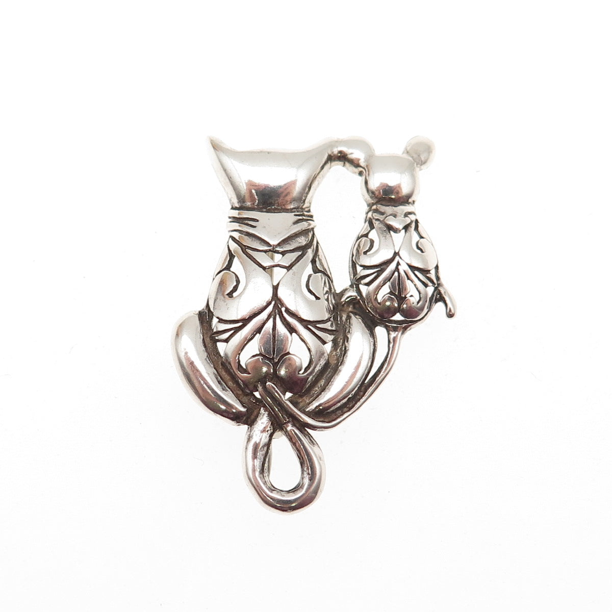 JEZLAINE 925 Sterling Silver Vintage Cat & Mouse Floral Oxidized Pin Brooch