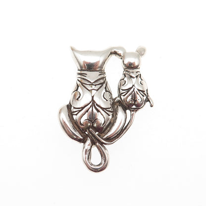 JEZLAINE 925 Sterling Silver Vintage Cat & Mouse Floral Oxidized Pin Brooch