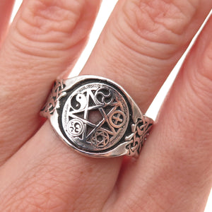 925 Sterling Silver Vintage Multi-Faith Pentagram Oxidized Ring Size 10