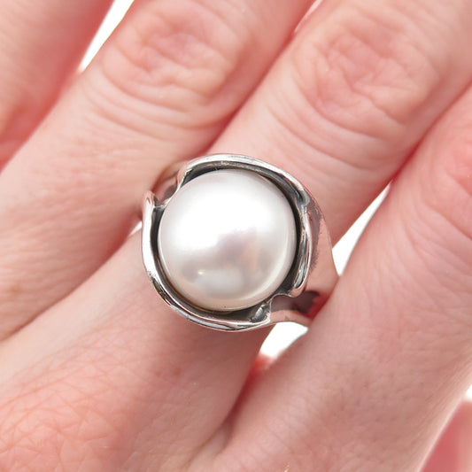 Hagit Gorali 925 Sterling Silver Vintage Real Pearl Modernist Ring Size 8