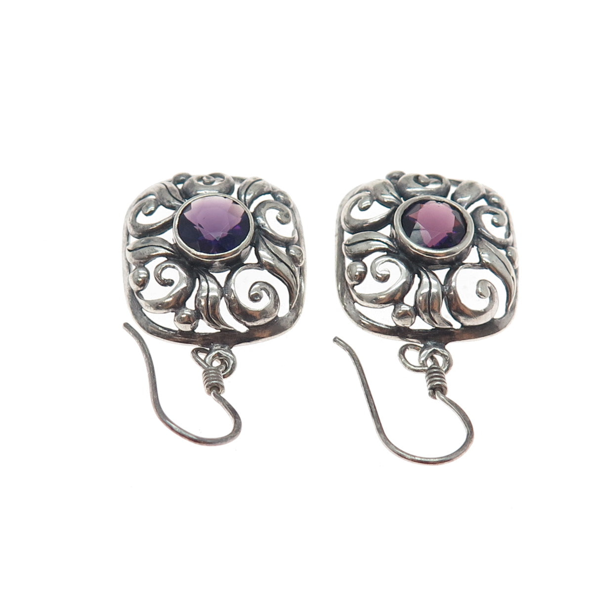 925 Sterling Silver Vintage Real Amethyst Floral Oxidized Dangle Earrings