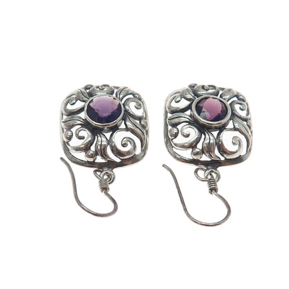925 Sterling Silver Vintage Real Amethyst Floral Oxidized Dangle Earrings