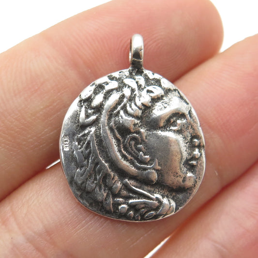 925 Sterling Silver Vintage Alexander The Great Coin Oxidized Charm Pendant