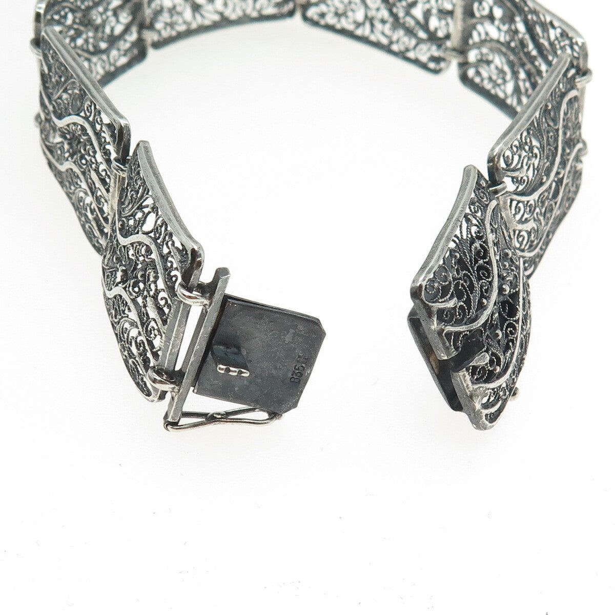 GUSTAV HAUBER 835 Silver Vintage Germany Filigree Panel Oxidized Bracelet 7.75"