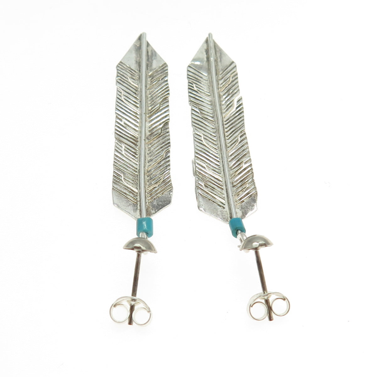 Old Pawn Sterling Silver Vintage Southwestern Bisbee Turquoise Feather Earrings