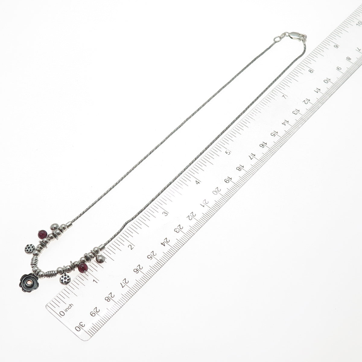 925 Sterling Silver Vintage Real Garnet Tourmaline Modernist Chain Necklace 18"