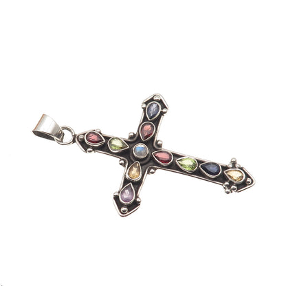Sterling Vintage Amethyst Iolite Peridot Garnet Citrine Moonstone Cross Pendant