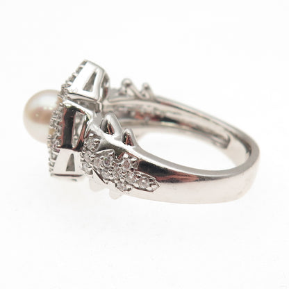 925 Sterling Silver Real Diamond & Pearl Floral Ring Size 10.25