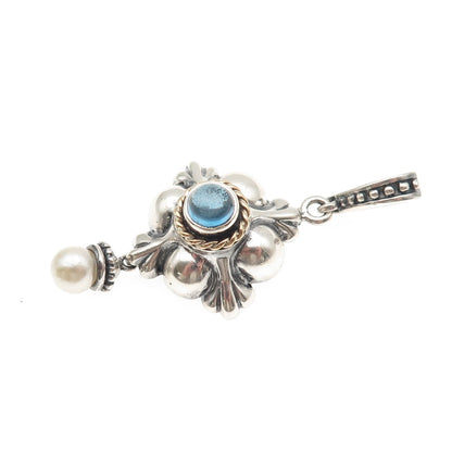 Anita Selinger Sterling Silver 14K Gold Vintage Real Pearl & Blue Topaz Pendant