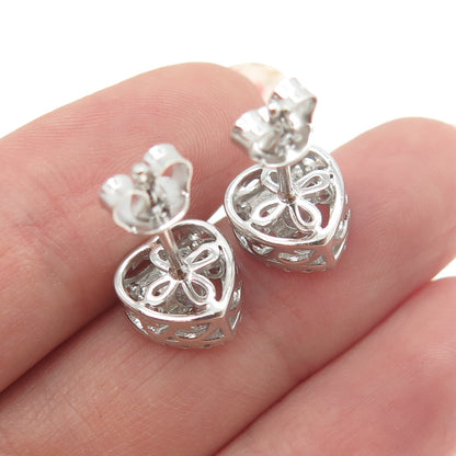 925 Sterling Silver Round-Cut Shaped C Z Heart Stud Earrings