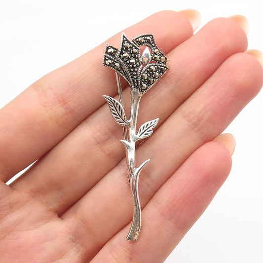 925 Sterling Silver Vintage Real Marcasite Gemstone Rose Floral Pin Brooch