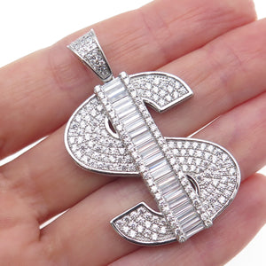 925 Sterling Silver Round & Baguette-Cut Dollar Sign Charm Pendant