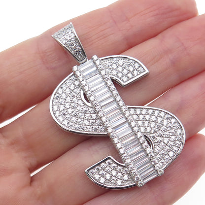 925 Sterling Silver Round & Baguette-Cut Dollar Sign Charm Pendant