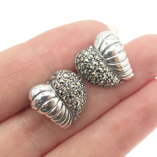 925 Sterling Silver Vintage Real Marcasite Gemstone Heart Ribbed Earrings