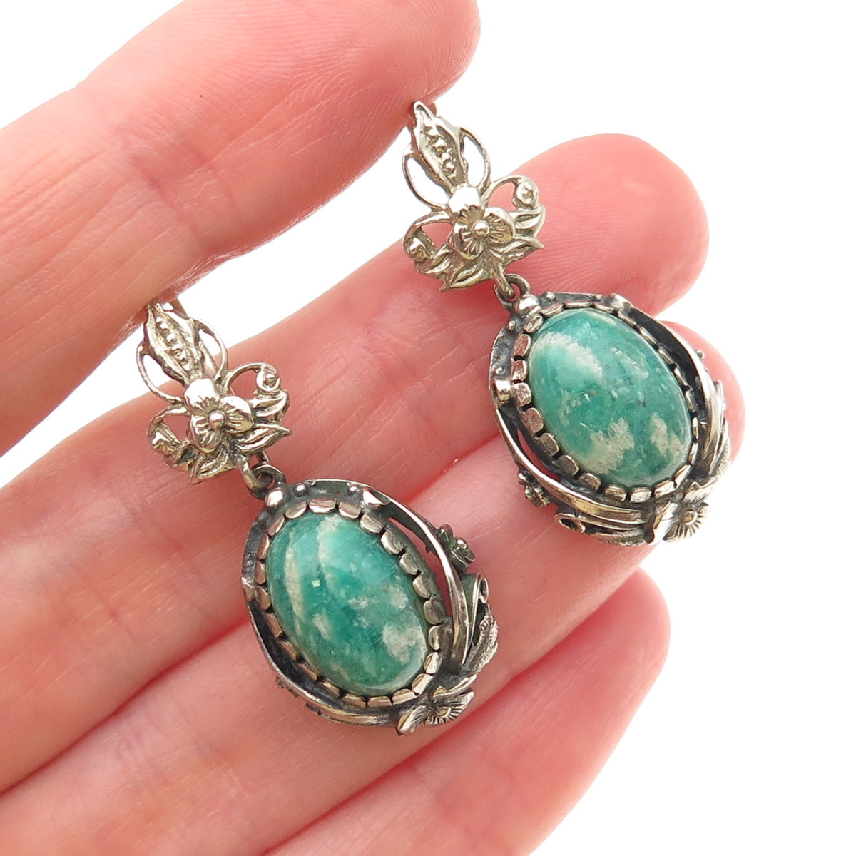 Silver-Tone Vintage Real Cabochon Amazonite Floral Oxidized Dangle Earrings